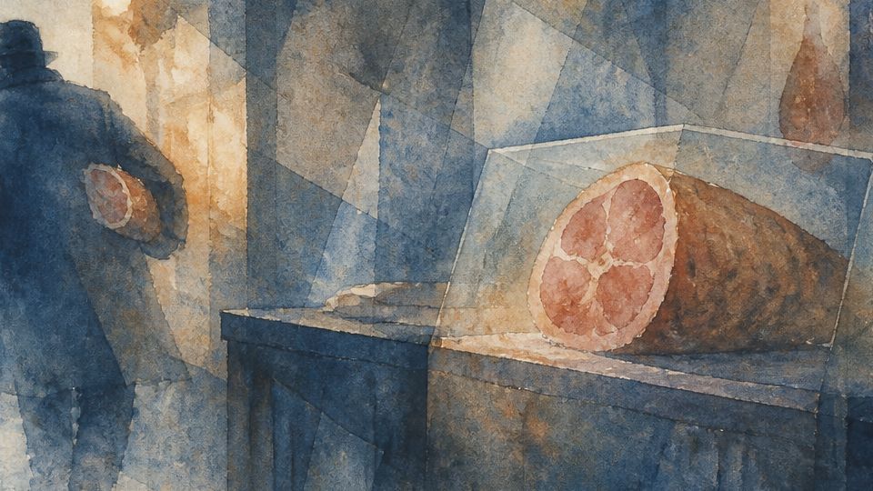 A figure in a coat carries a ham, depicted in soft blues and warm orange watercolor hues.