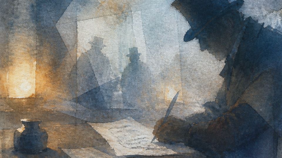 A person writes on a document in dim light, using watercolor with deep blues and warm orange tones.