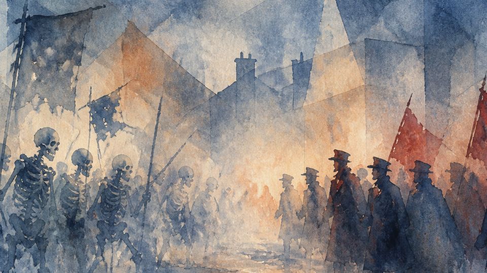 A skeleton army marches through a foggy scene in watercolor, featuring blues and oranges.