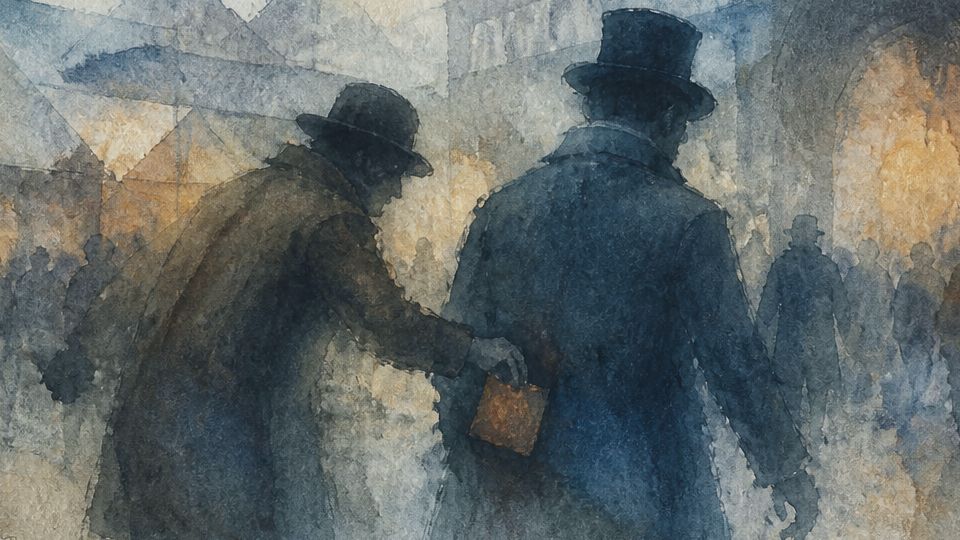 A figure stealthily picks a pocket in a crowded scene, painted in muted blues and browns.
