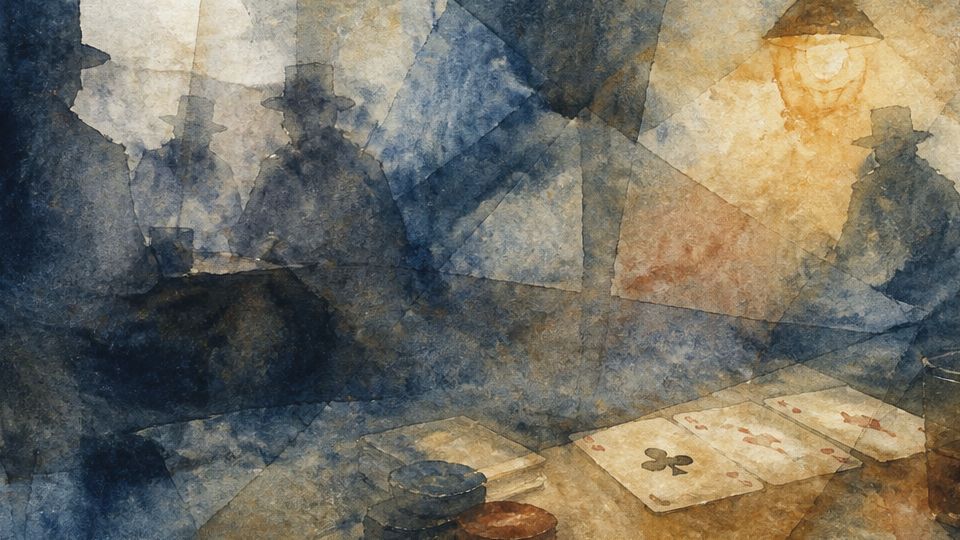 Figures are seated around a table with cards and chips in a dark, moody watercolor scene.