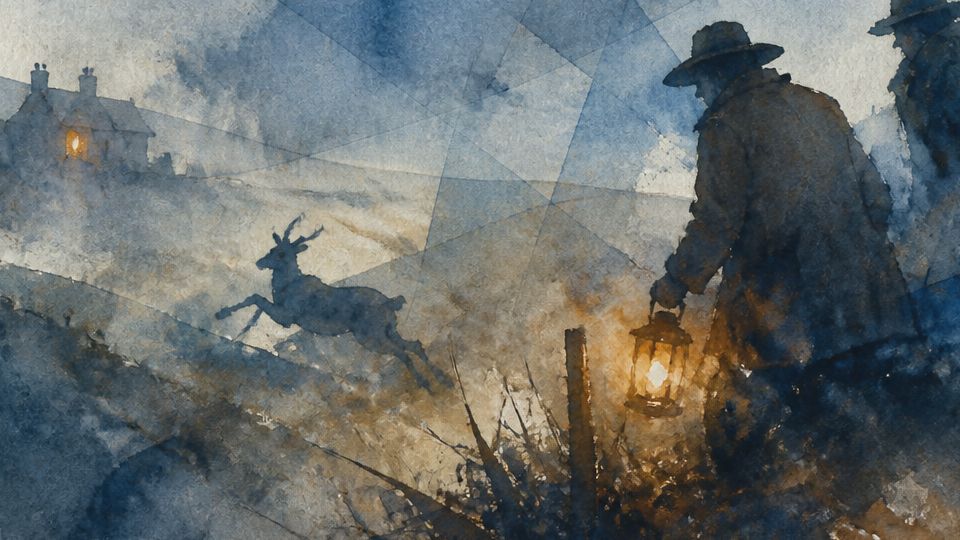 Two figures with a lantern chase a deer in this moody watercolor of blue and brown tones.