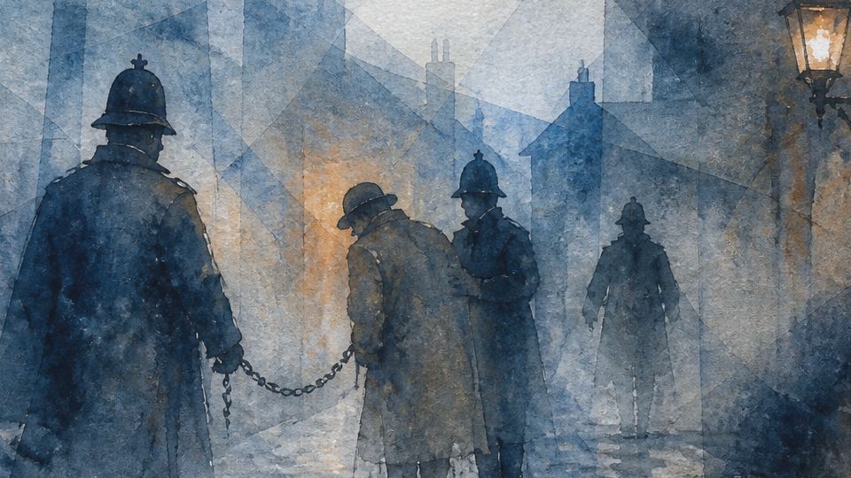 Police officers lead a suspect down a foggy street in muted blues and warm watercolor tones.