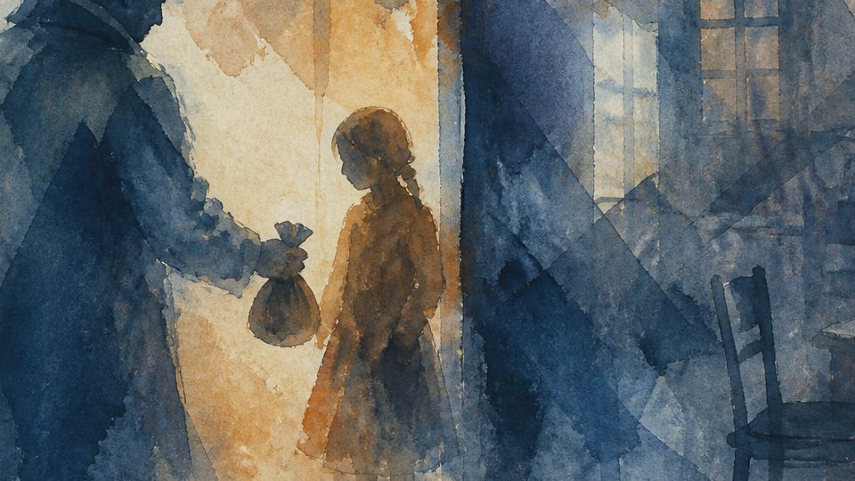 A shadowy figure hands a bag to a young girl, depicted in dark blues and warm tans using watercolor.