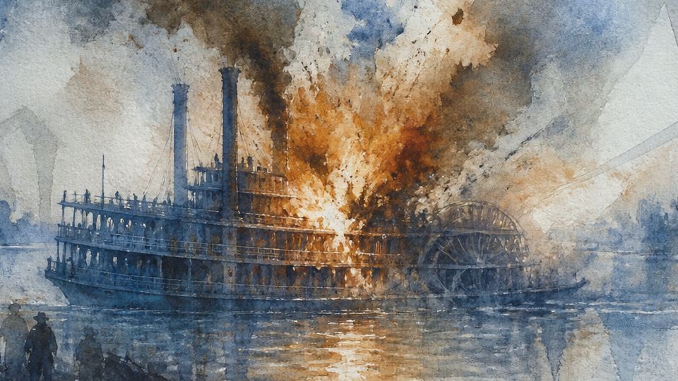 A steamboat erupts in flames over water, depicted in watercolor with blues and fiery oranges.