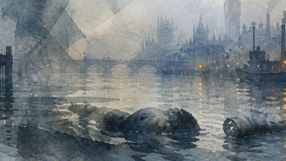A figure stands on the dock by the Thames, with dark watercolors and hints of blue and yellow.
