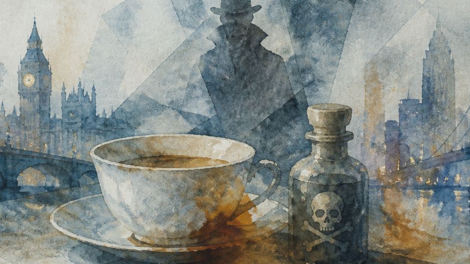 A cup of tea sits near a poison vial, depicted in blue and brown watercolor tones.