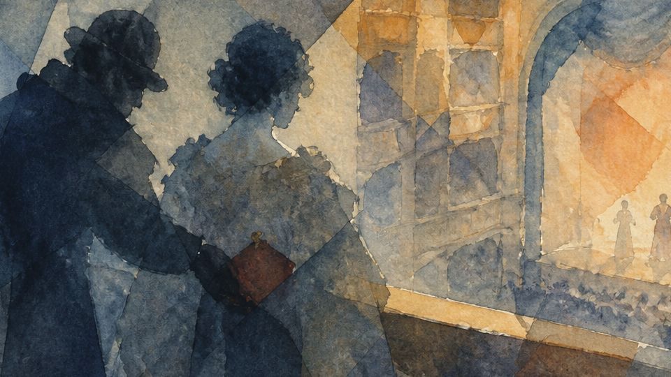 A man stealthily pickpockets a woman while she watches a performance in muted watercolor hues.