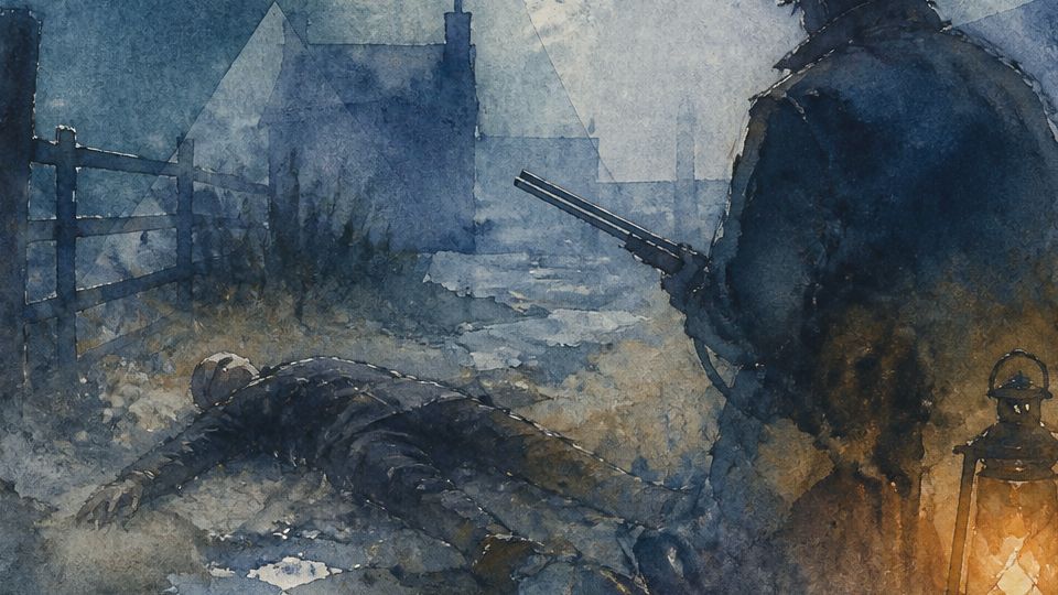 A figure stands over a fallen person, with dark blue and brown watercolor tones and a glowing.