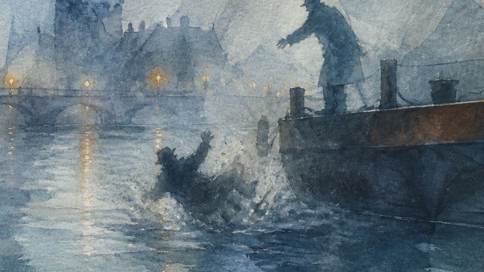A person falls into water while another reaches out, depicted in blue and gray watercolor tones.