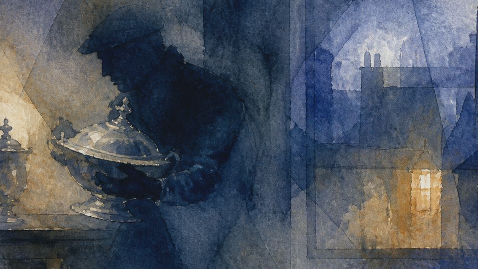A shadowy figure inspects silverware in watercolor blues and warm golden light. In dark blue with.