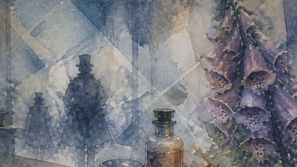 Silhouettes of men with top hats stand near bottles and purple flowers in watercolor shades.