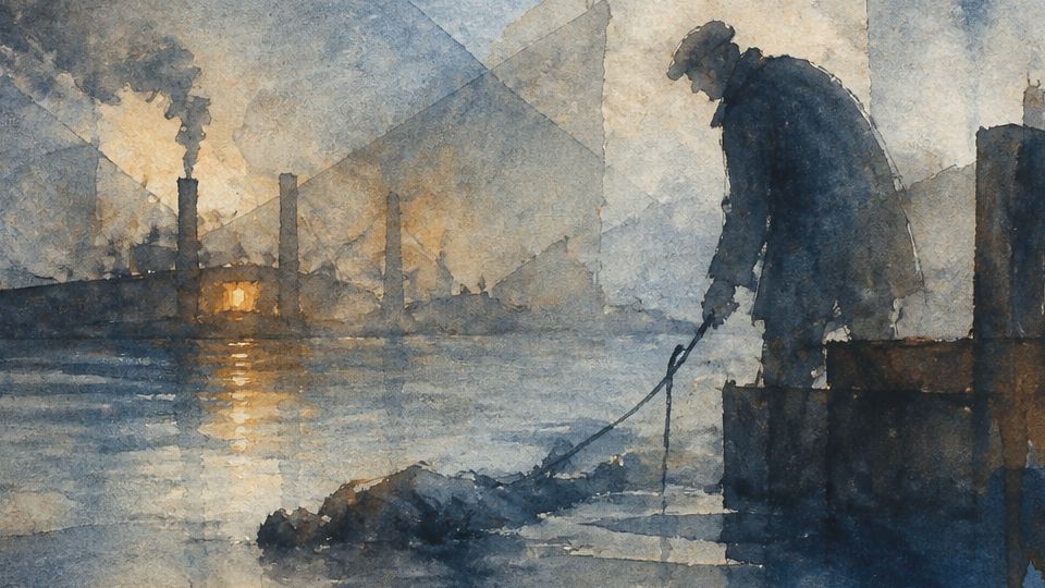 A figure pulls a drowned body from the water, depicted in deep blues and warm golden watercolors.