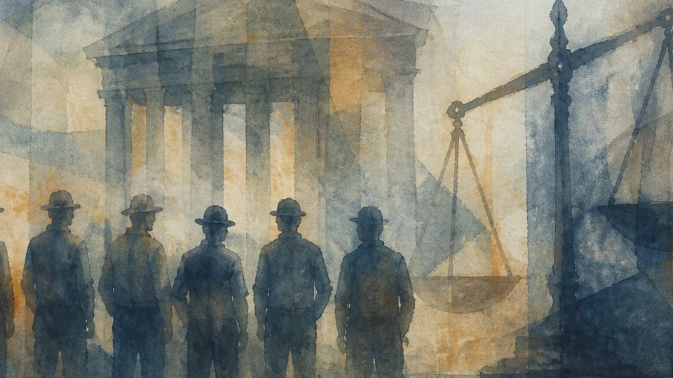 Silhouetted figures stand before a structure, painted in blue and orange watercolor hues.