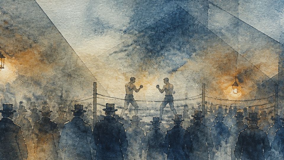 Two boxers face off in a ring, surrounded by spectators, illustrated in blues and warm tones.