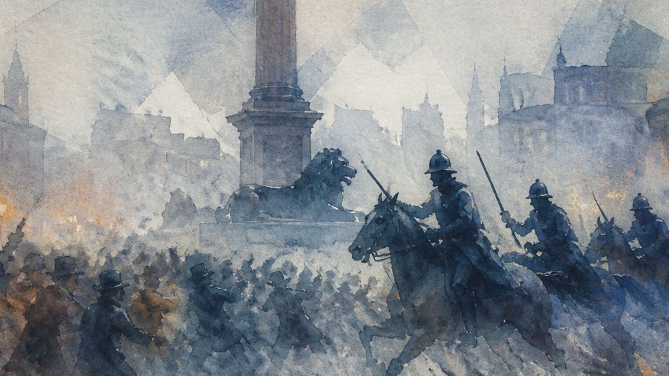 A mounted charge of police moves through a crowd in a watercolor painting with blue and brown hues.