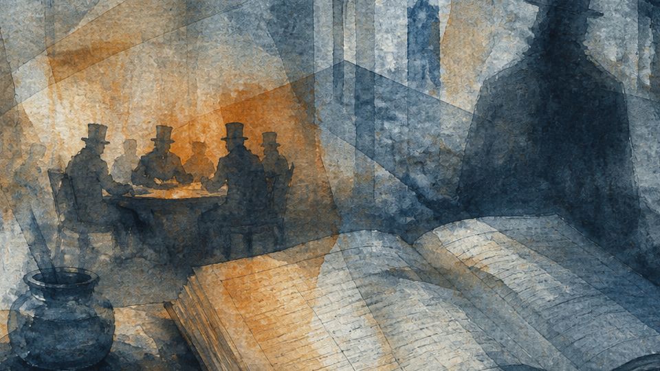 A shadowy figure looms over a ledger while men in top hats gather, depicted in blue and orange.