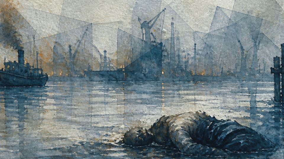 A figure lies in the water near a dimly lit industrial scene, rendered in dark blue and grey.