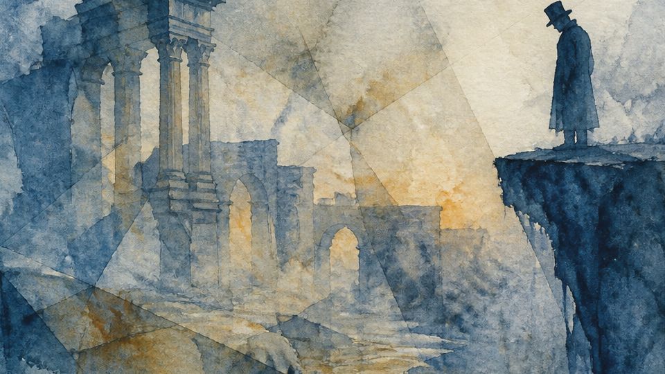 A figure stands on a cliff overlooking ancient ruins in blue and orange watercolor.