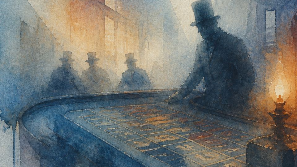 A man in a top hat leans over a table, illuminated by warm light and cool blue watercolor tones.