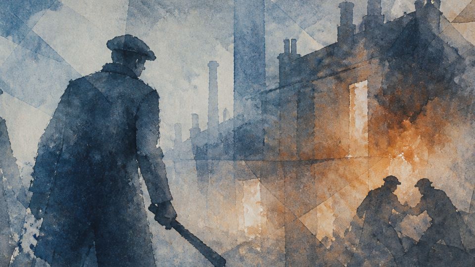 Figures stand over a fire in muted blues and oranges, capturing industrial tension in watercolor.
