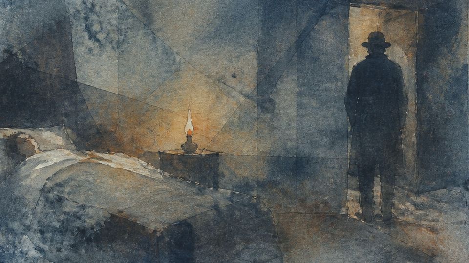 A shadowy figure stands in a dim room beside a bed, illuminated by orange and blue watercolor tones.