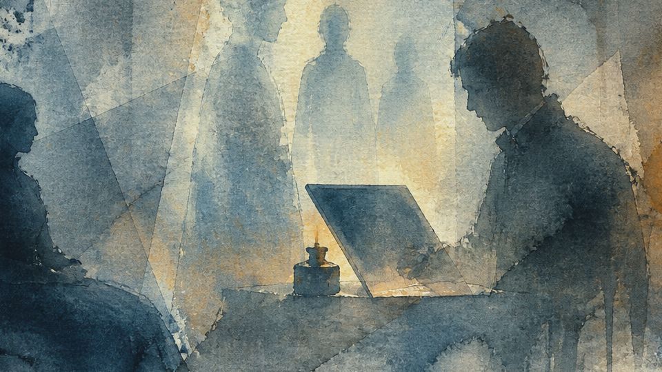 A figure writes at a desk with a candle, surrounded by ethereal shapes in blue and warm tones.