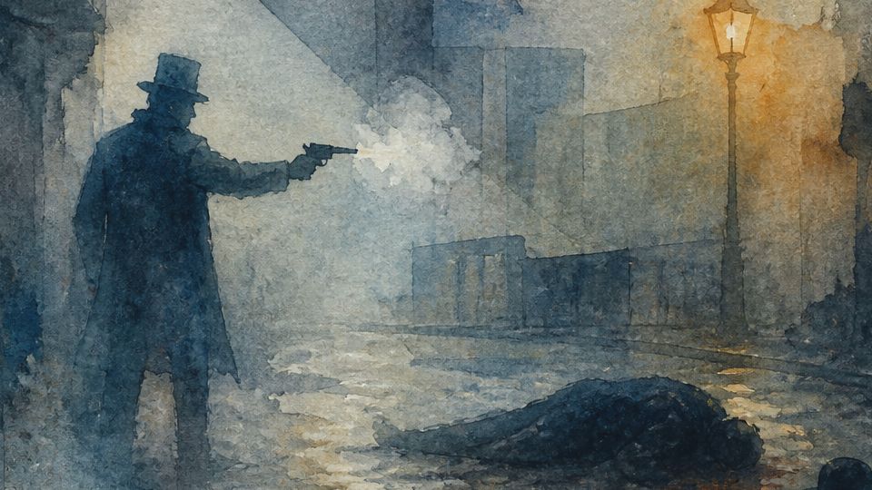 A silhouette of a man aiming a gun in a foggy street, using dark blue and orange watercolor hues.
