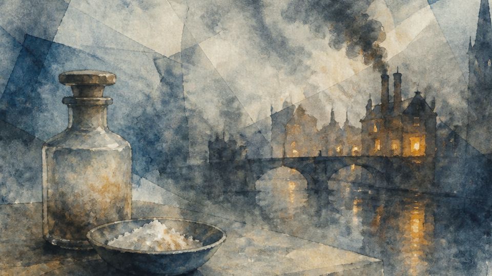 A glass bottle and a bowl of salt are set against a moody watercolor cityscape in bluish tones.