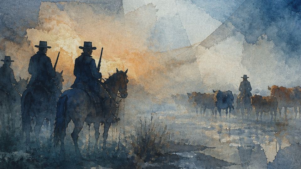 Cowboys on horseback drive cattle through misty waters, rendered in watercolor with blues and.