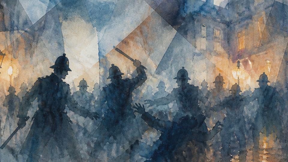 Police confront a crowd in a nighttime scene, depicted in dark blues and oranges with watercolor.